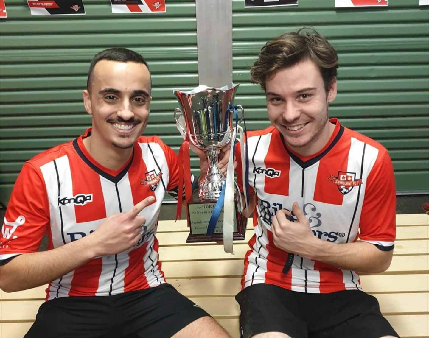 Nathan Gorga and Jack O'Shea after Swinburne won the 2019 HDR Cup