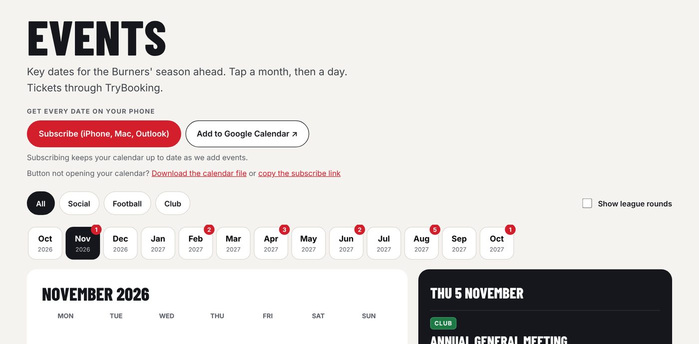 The Events page with the calendar subscribe buttons