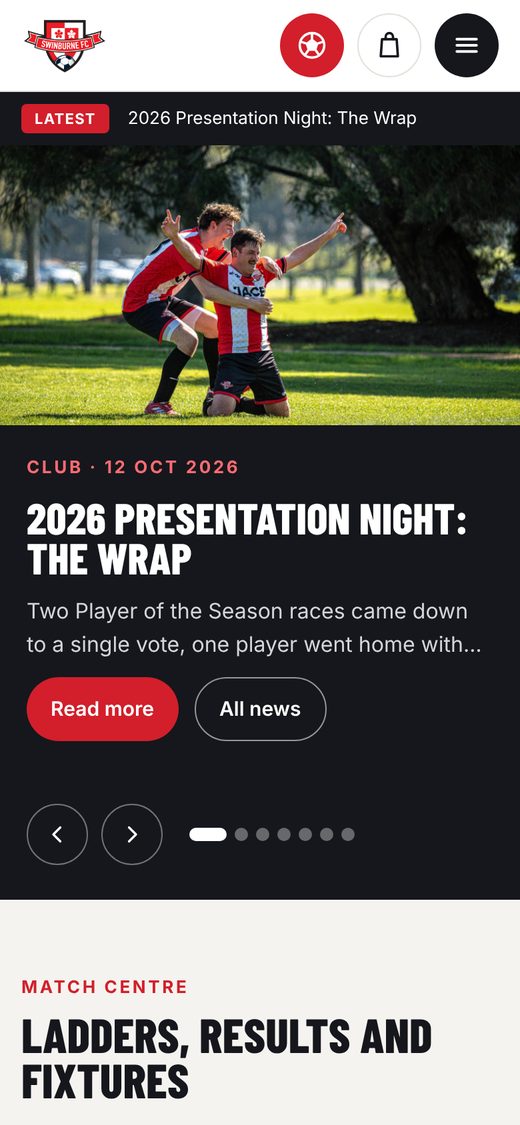 The new Swinburne FC website on a phone